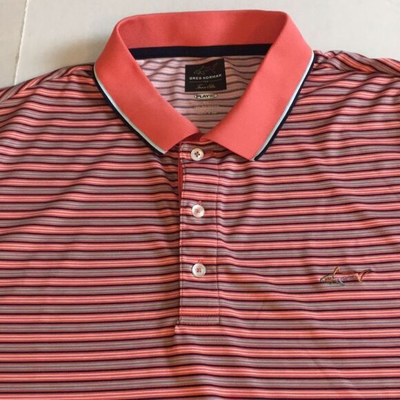 Greg Norman for Tasso Elba Polo Golf Shirt Men's XL Play Dry Salmon Striped - Picture 10 of 12